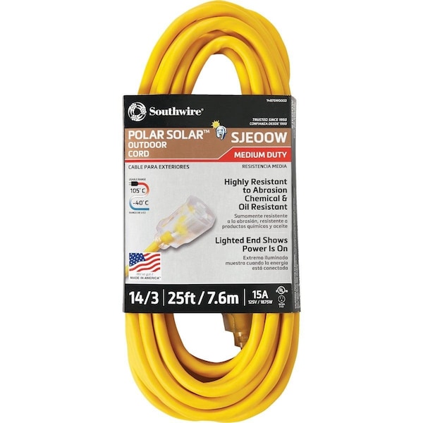 Southwire SJEOOW Extension Cord, 14 AWG, Outdoor, 14/3, 1 Outlets, 5-15R, Yellow, 5-15P, 25 ft 1487SW0002 - main